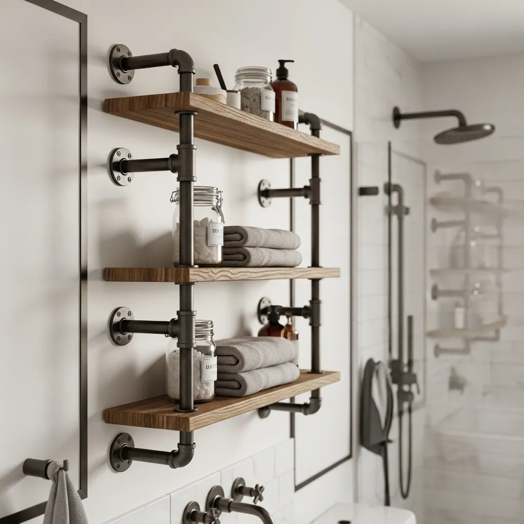 . Industrial Pipe Shelves with Wood Slats