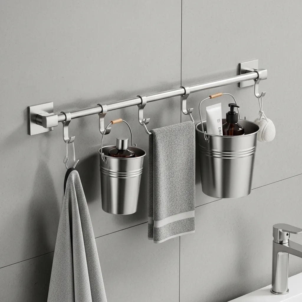 Metal Rail with S-Hooks and Buckets
