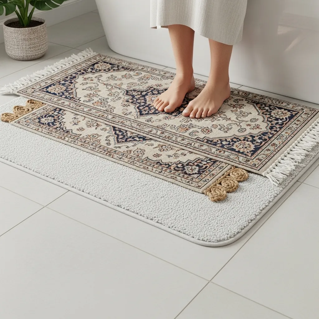 Layered Rugs Over Bath Mats