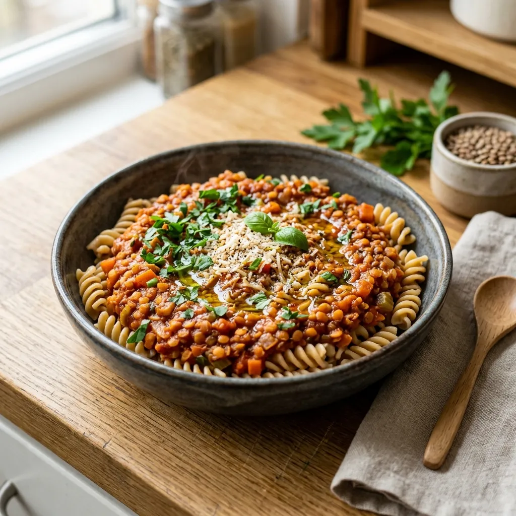 Red Lentil "Bolognese" with Protein Pasta