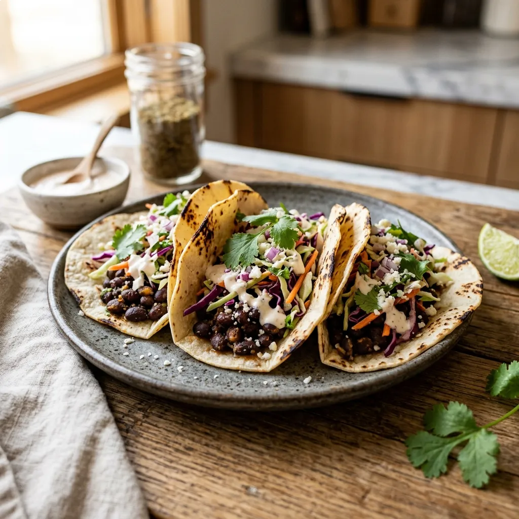 Spicy Black Bean Tacos with Quick Slaw