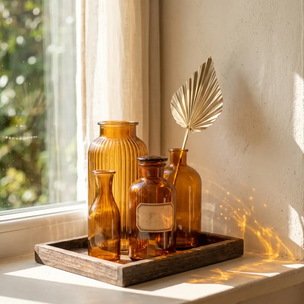 . Amber Glass Vases and Bottles