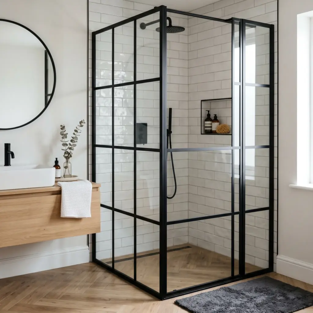 Black Crittall-Style Shower Screens Alongside Subway Tile