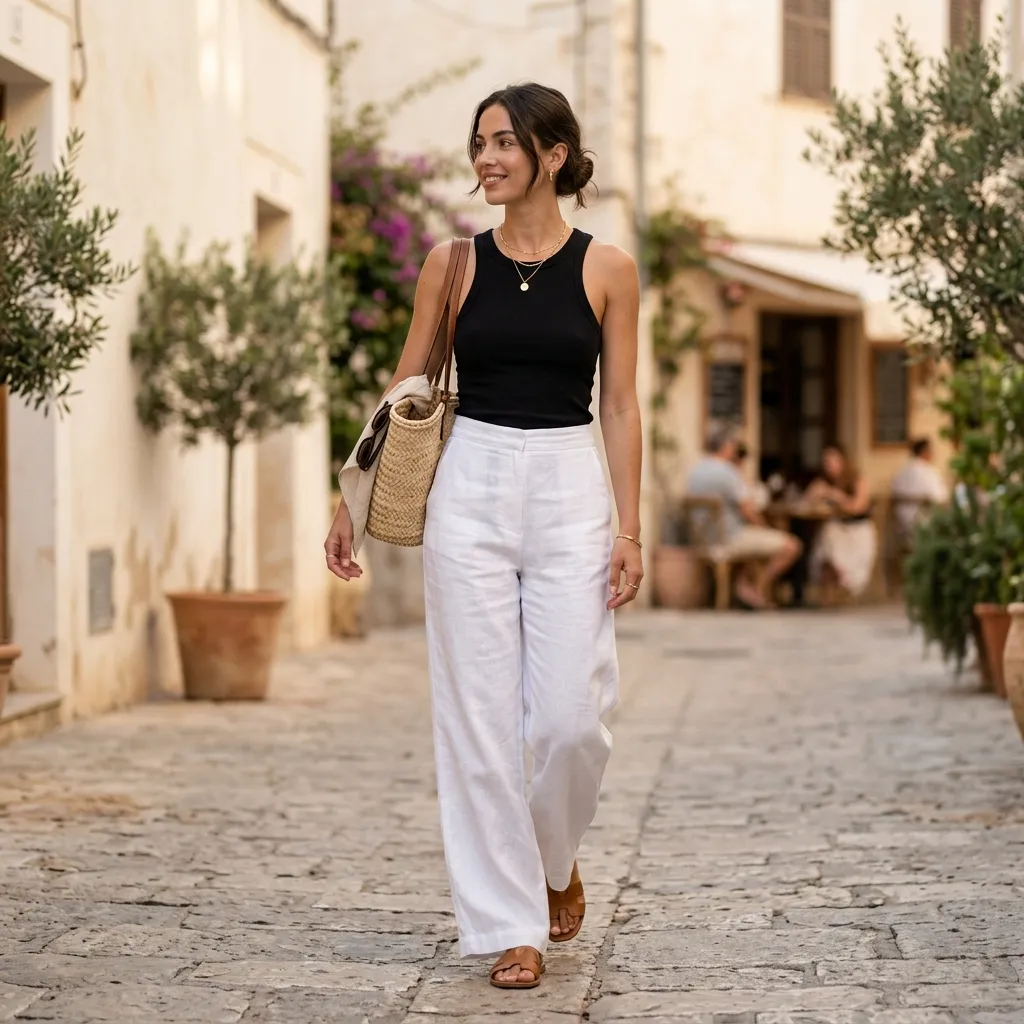 Black Tank + White Linen Pants
