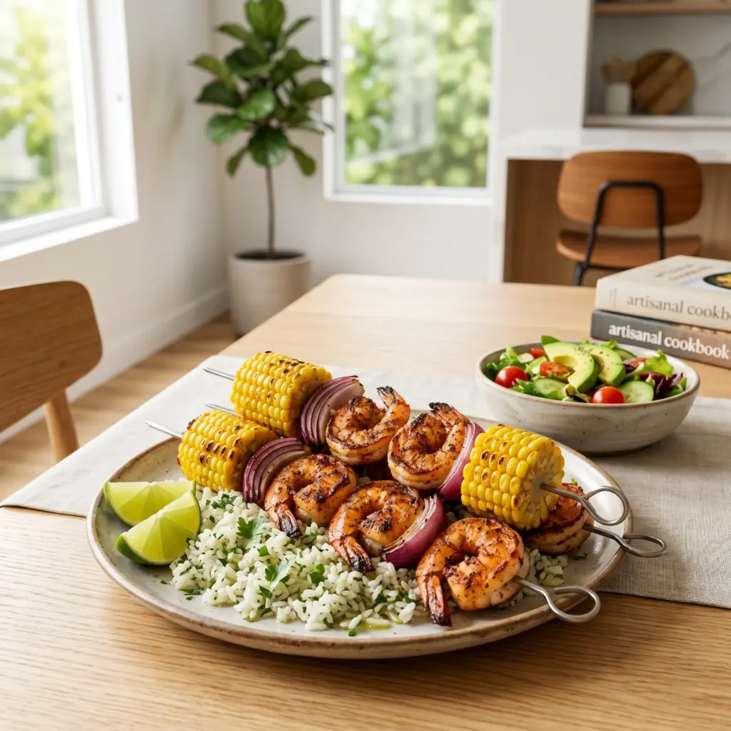 Blackened Shrimp and Charred Corn Fiesta Skewers