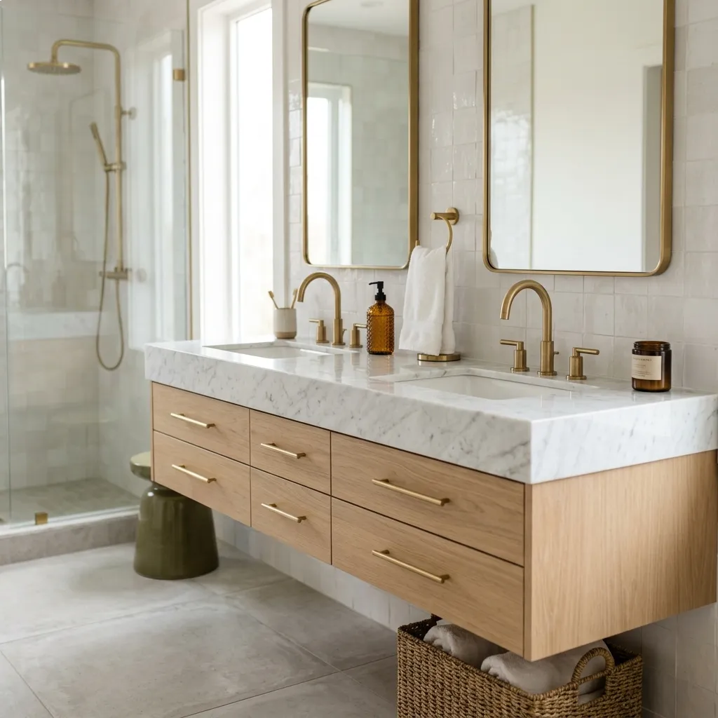 Floating Double Vanity with Brass Hardware