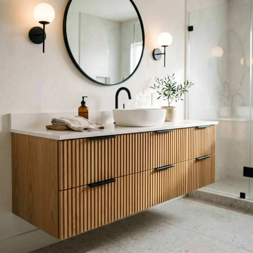 Fluted Wood Vanities with Black Cabinet Pulls