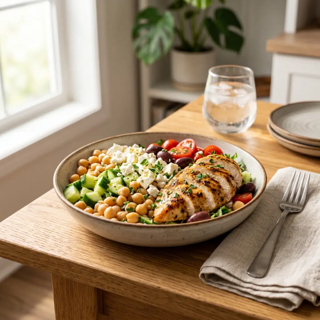 Greek Chickpea and Grilled Chicken Bowl
