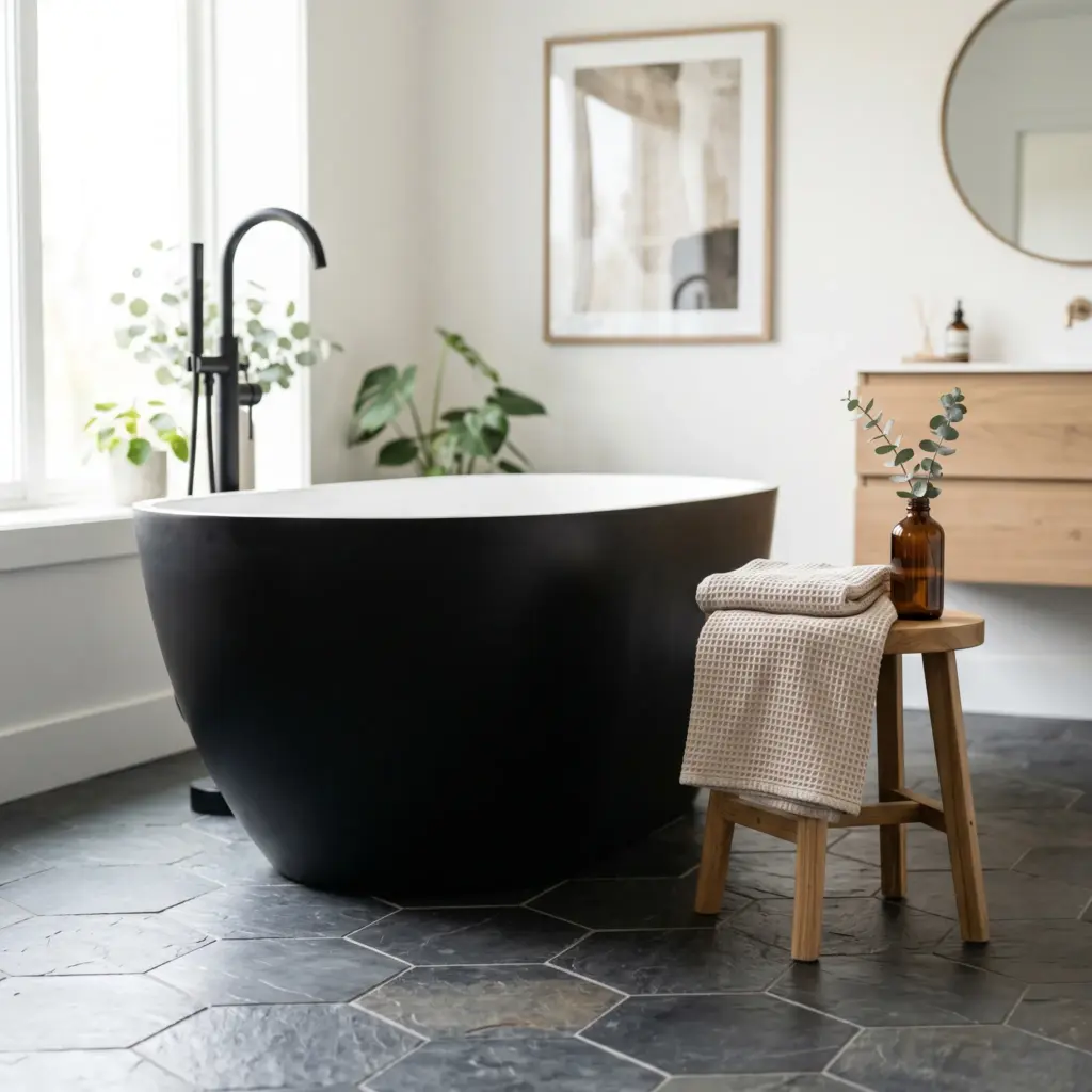 . Hexagon Floor Tiles with a Black Freestanding Tub