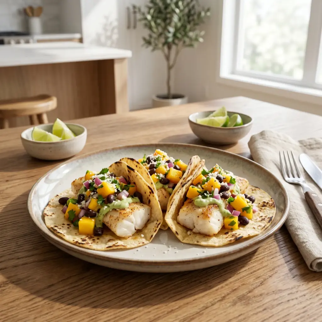 Mango Salsa & Black Bean Fish Tacos