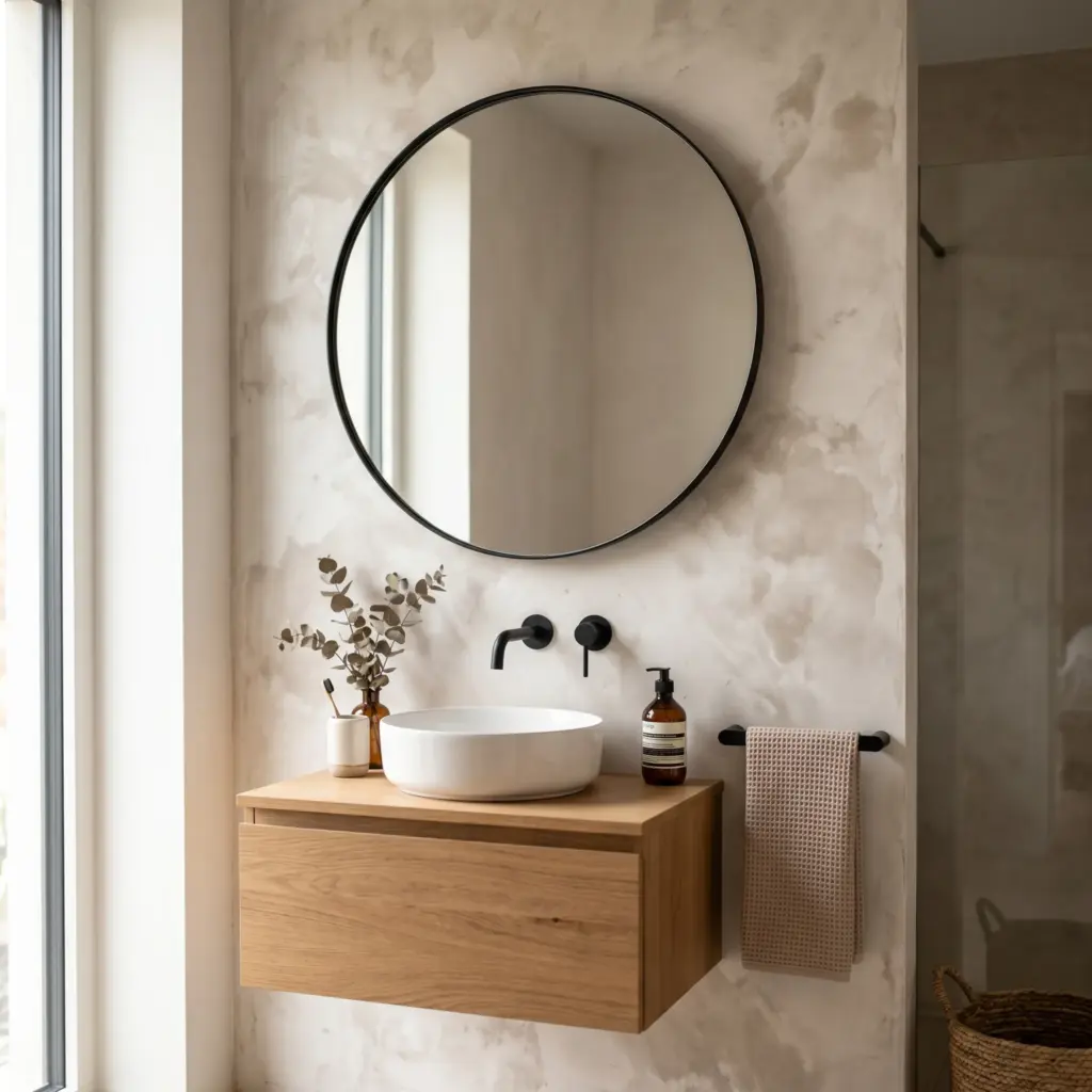 Matte Black Mirrors Against Plaster-Effect Walls