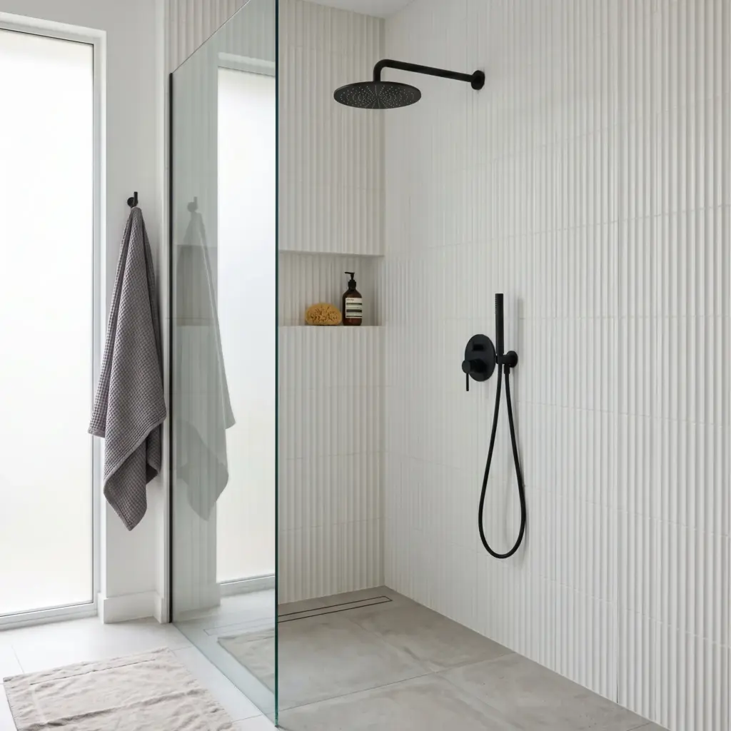 Matte Black Rain Showers Against 3D Ribbed Tiles