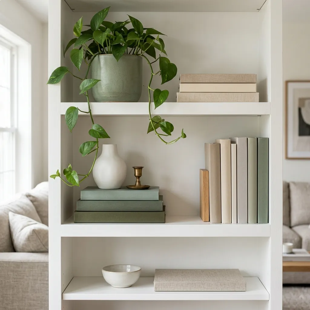 Muted Green Bookshelf Styling