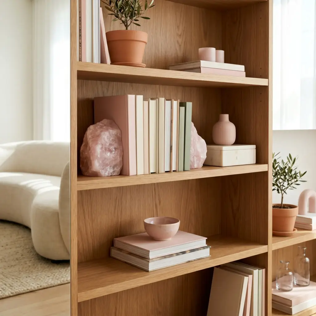 Rose Quartz Bookcase Styling
