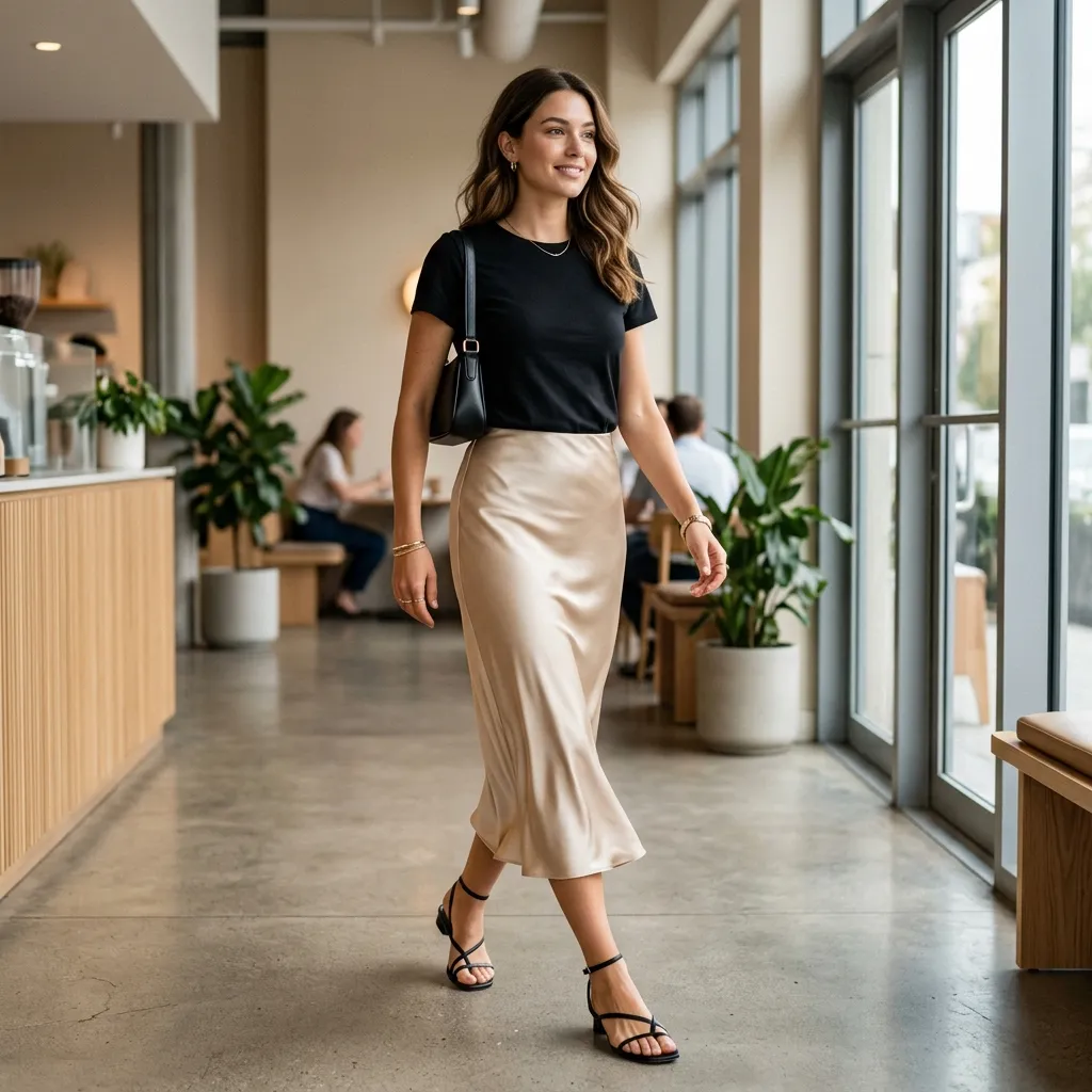 Satin Midi Skirt + Basic Tee