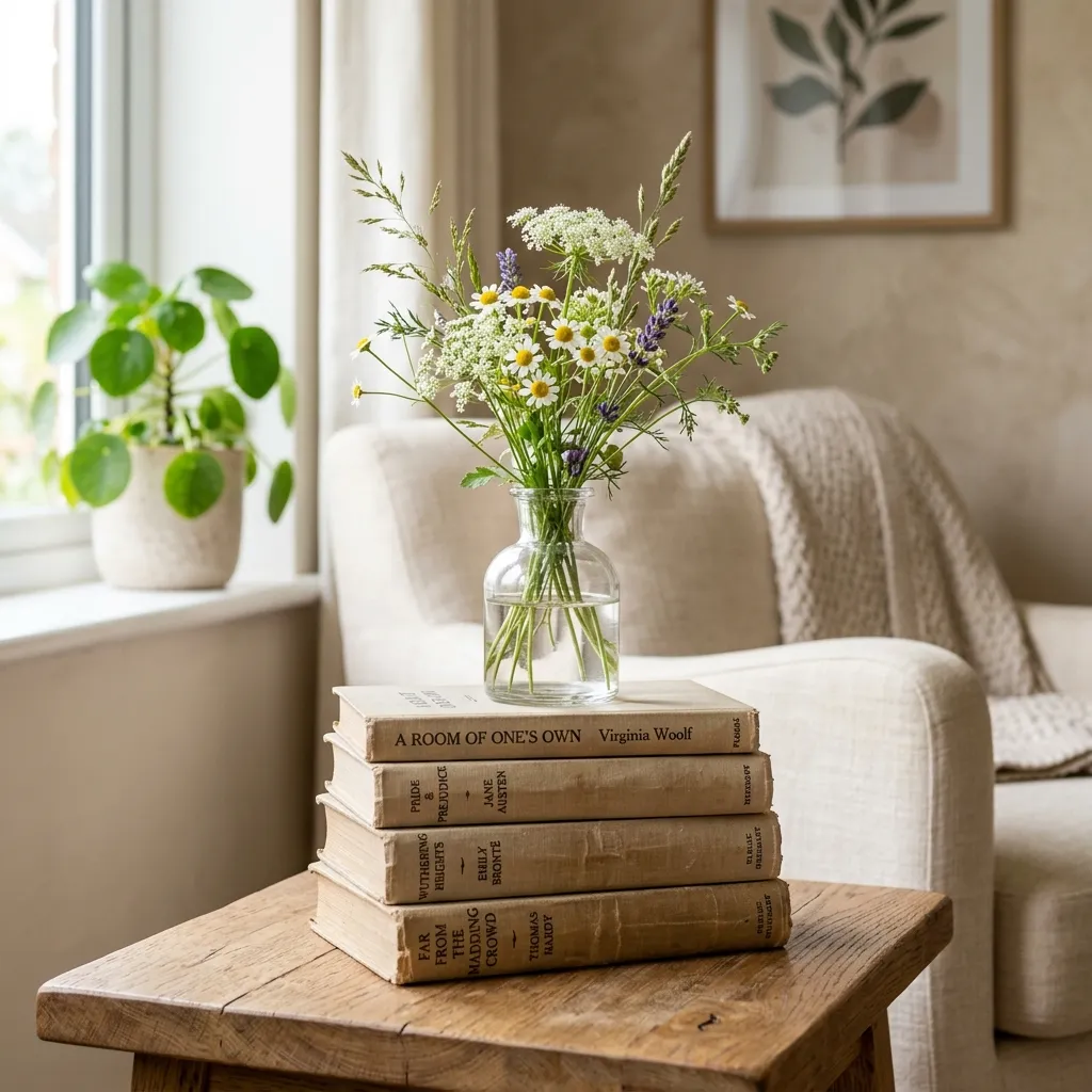 Stacked Vintage Books and Wildflowers