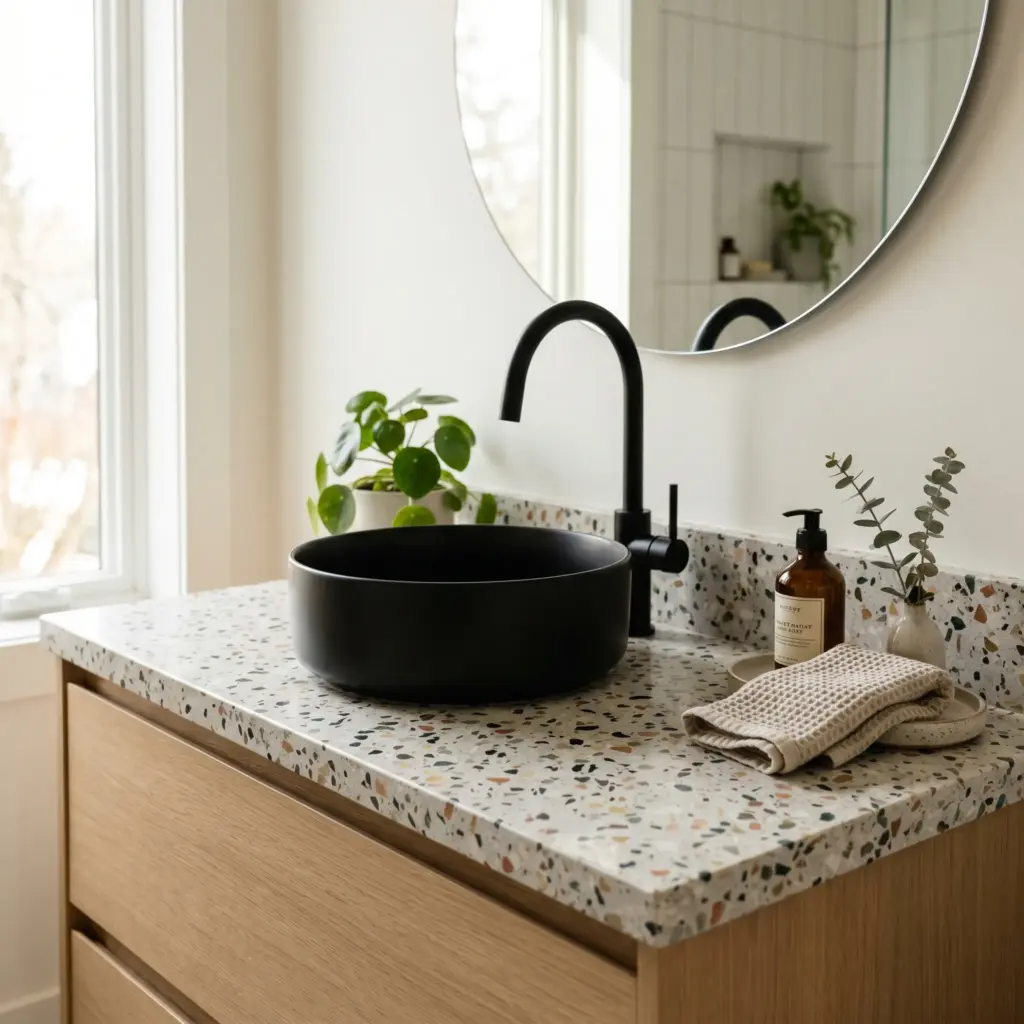 Terrazzo Countertops with Black Vessel Sink Faucets