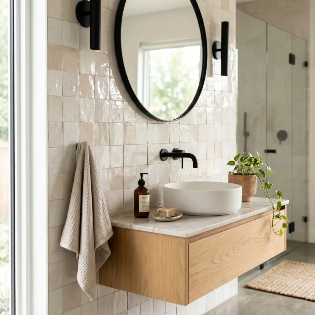 Zellige Wall Tiles Paired with Black Wall-Mounted Faucets