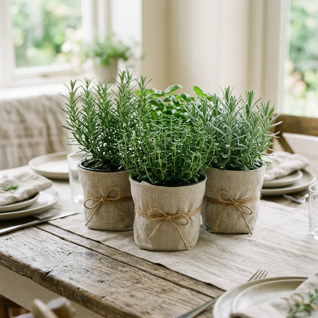 14. Potted Herbs in Linen Wraps