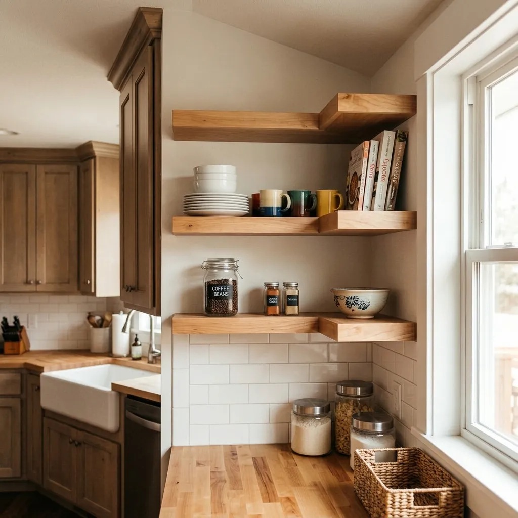 Add Floating Shelves Where Cabinets Can't Go