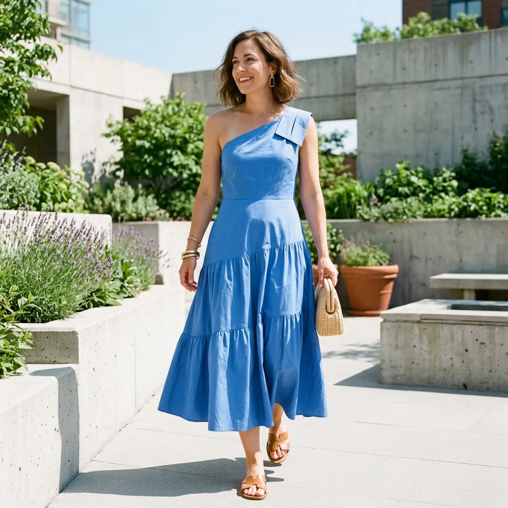 An Asymmetrical One-Shoulder Poplin Dress