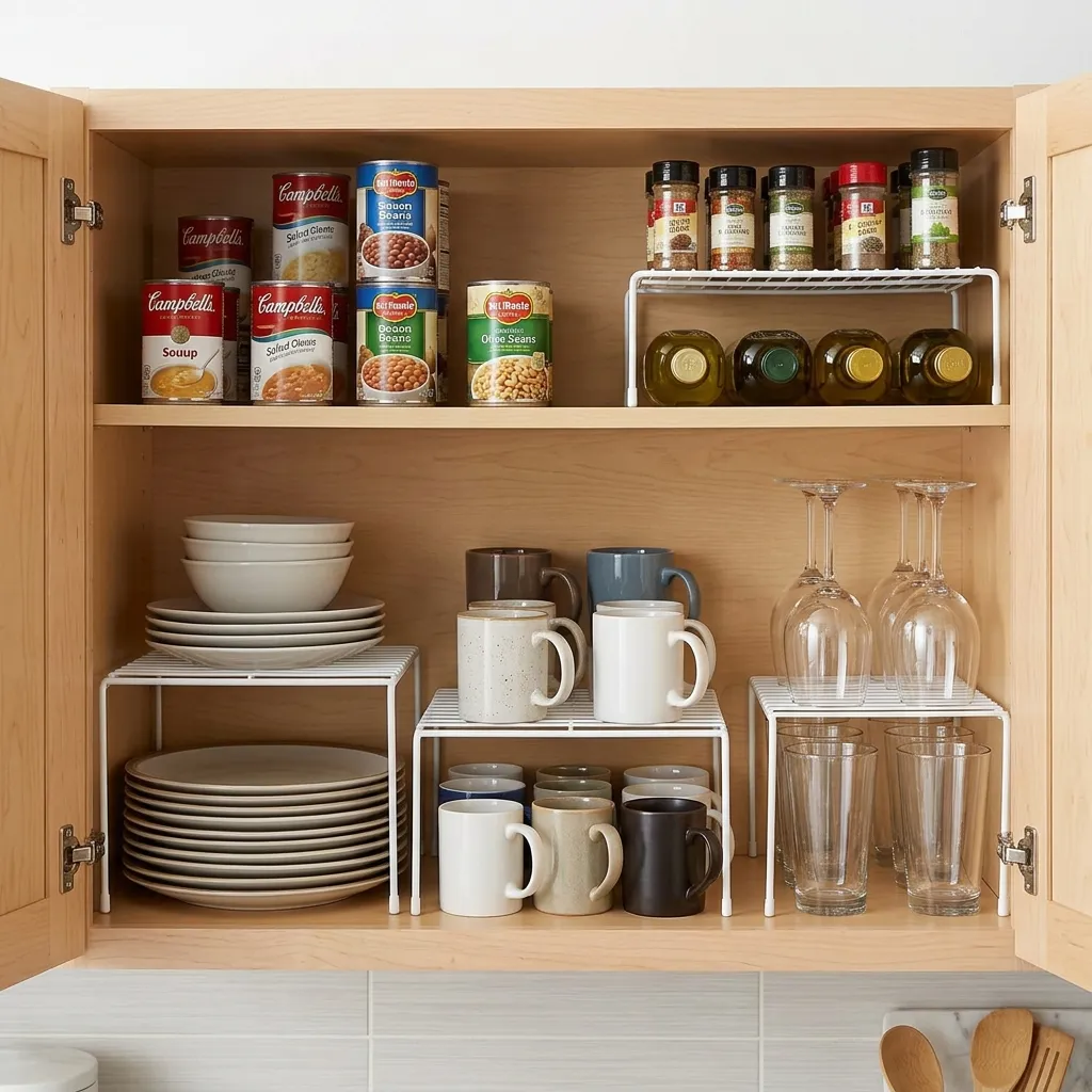 Double Cabinet Space With Shelf Risers