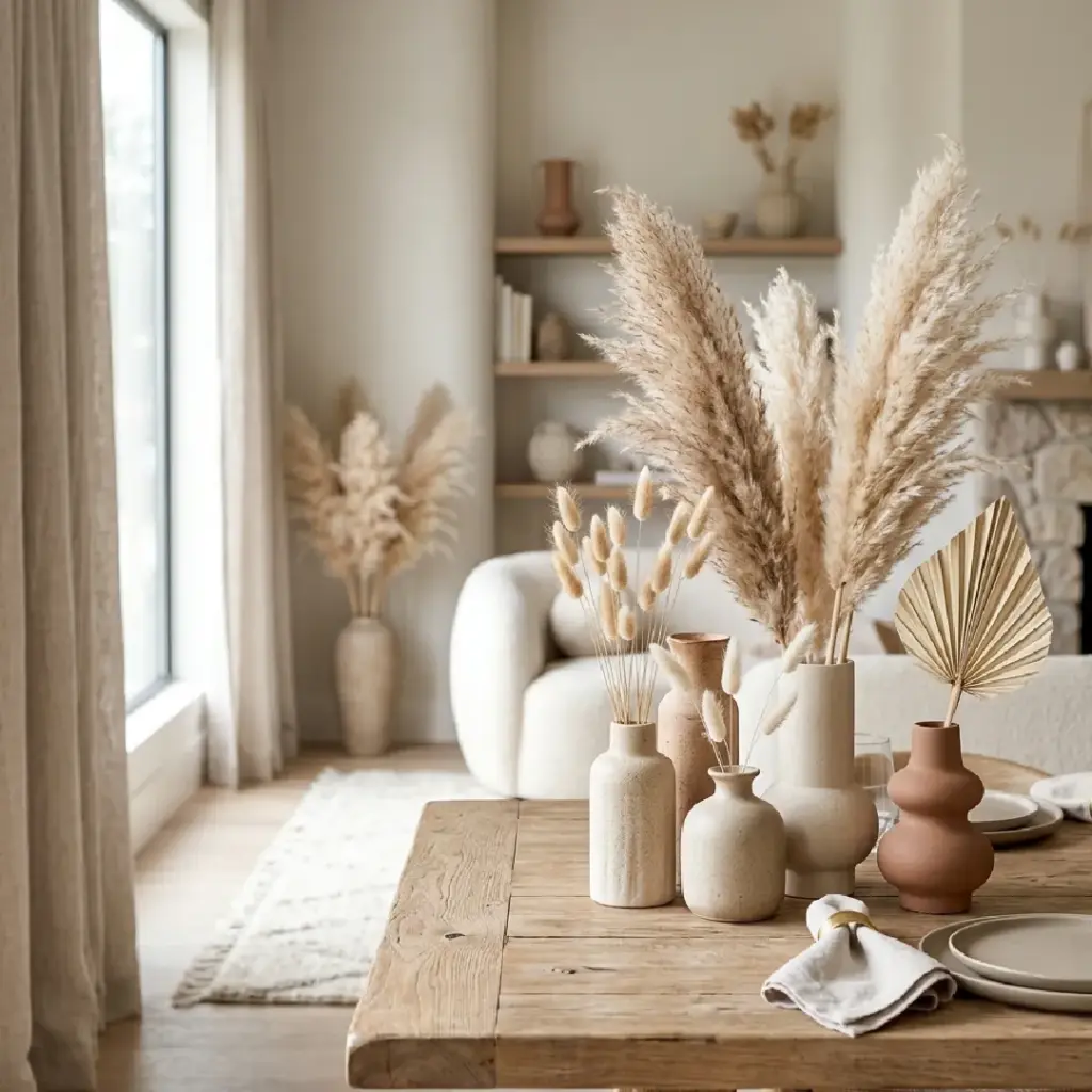 Dried Pampas Grass and Neutral Bud Vases