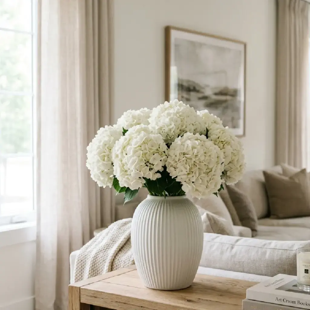 Fluffy White Hydrangeas in Ribbed Ceramic