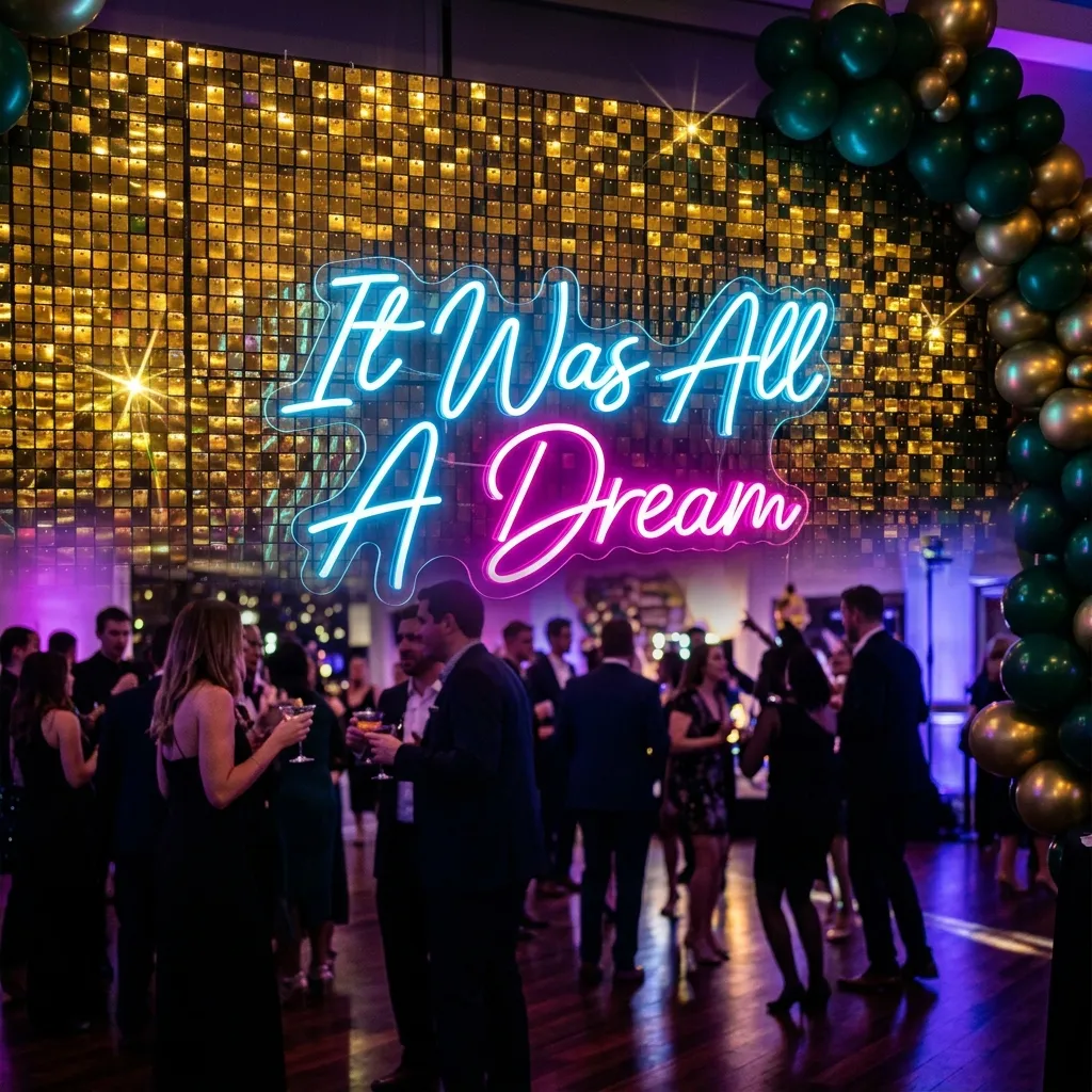 Shimmer Wall with a Neon Statement Sign