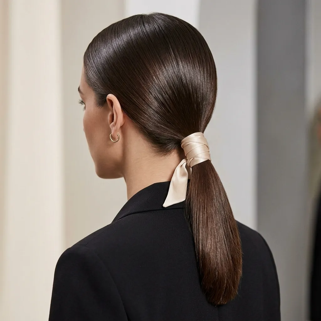 Sleek Low Ponytail with a Silk Wrap