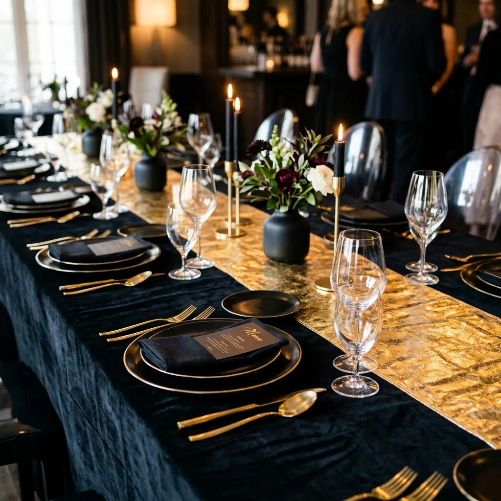 Velvet Black Tablecloths with Gold Foil Runners