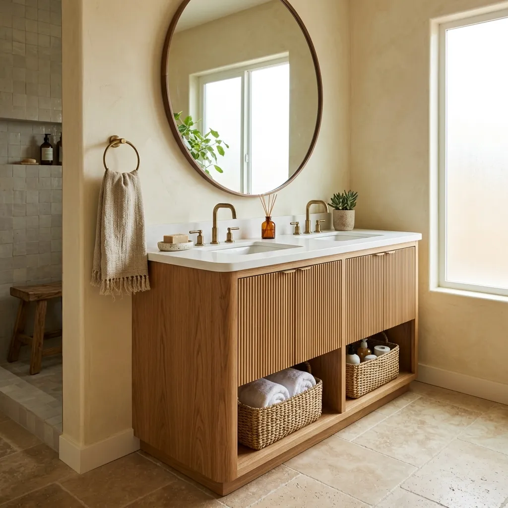 Warm Wood Vanities and Organic Textures