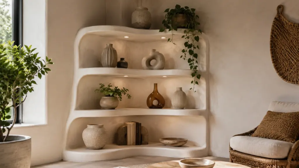 Modern sculptural corner shelving with curved built-in shelves displaying ceramic vases, books, trailing plants, and natural decor in a bright minimalist living room nook filled with warm sunlight.