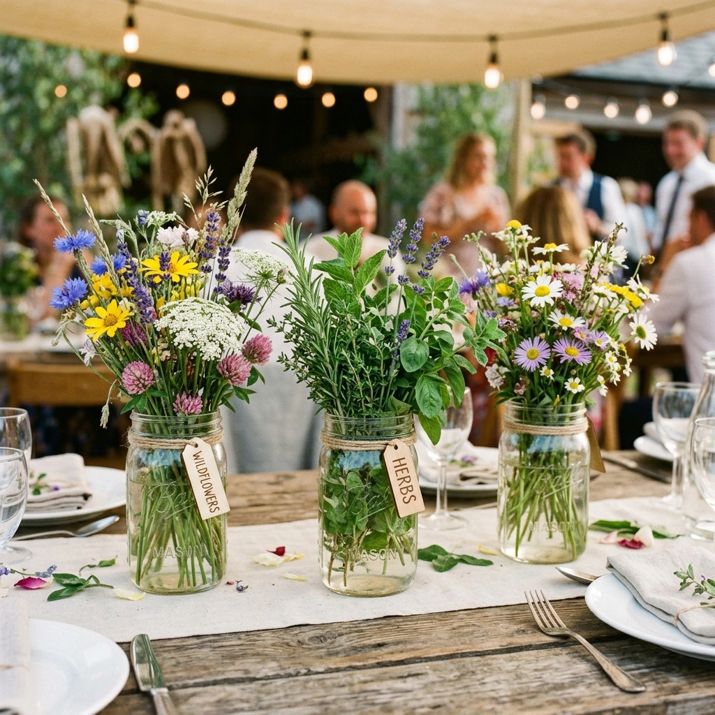 Mason Jar Centerpieces with Fresh Herbs or Wildflowers