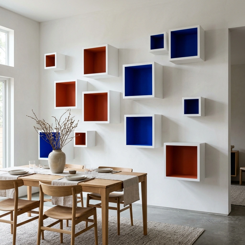 Staggered Floating Cubes with Color-Blocked Interiors