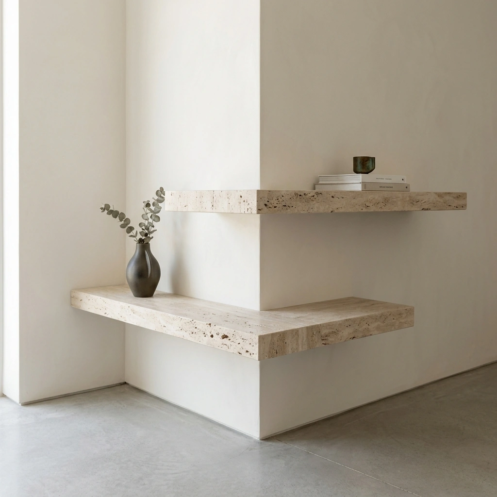 The Cantilevered Travertine: Raw Stone Inserts & Hidden Supports