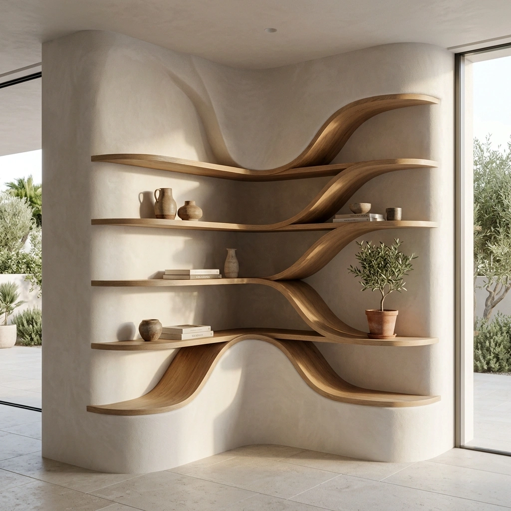 The Organic Flow: Curved Plaster & White Oak Cascades